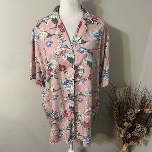 Vtg Jantzen Women Pink Hawaiian Floral Button-Up Shirt Top Short Sleeve 1X USA